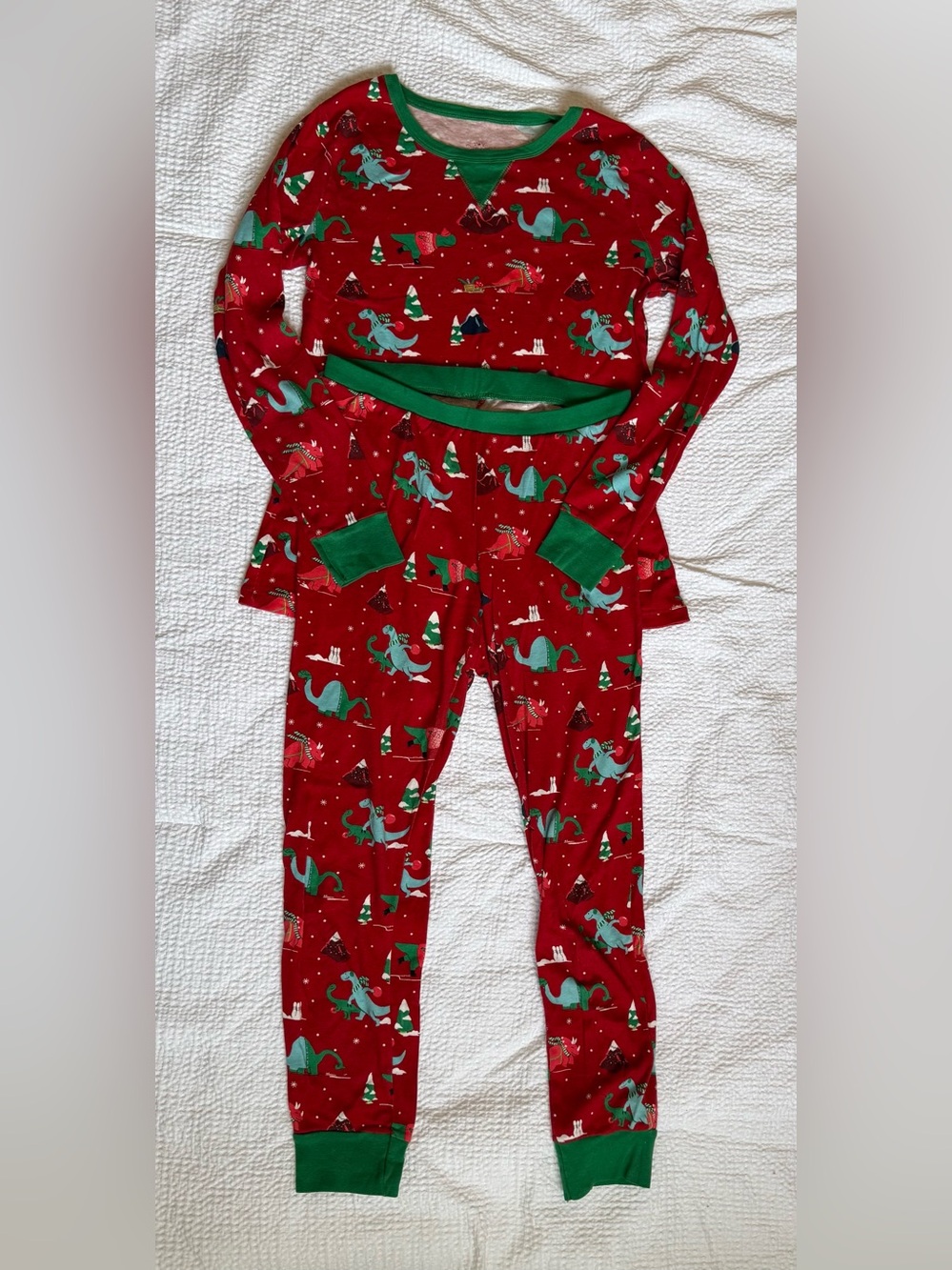 Women’s Red Dinosaur Holiday Pajama Set with Green Trim